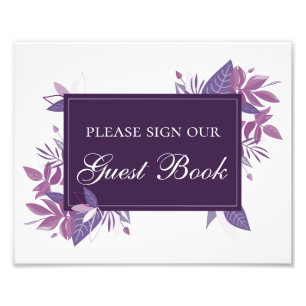 Lila Blätter Gästebuch-Schild. Botanische Hochzeit Fotodruck