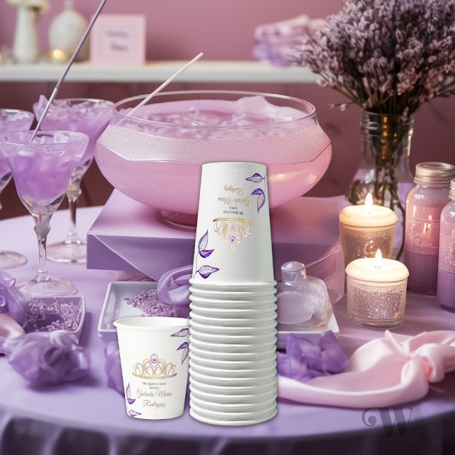 Lila Blätter Gold Tiara Quinceañera Pappbecher (Von Creator hochgeladen)