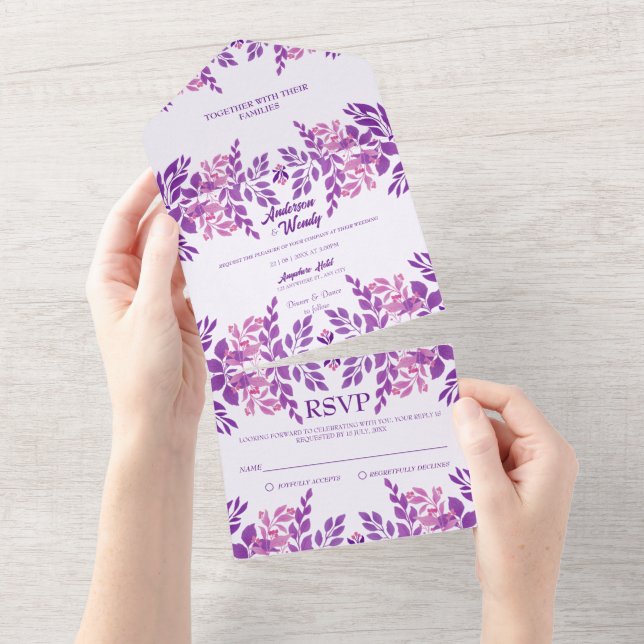 Lila Blätter Hochzeitthema All In One Einladung (Abreißen)