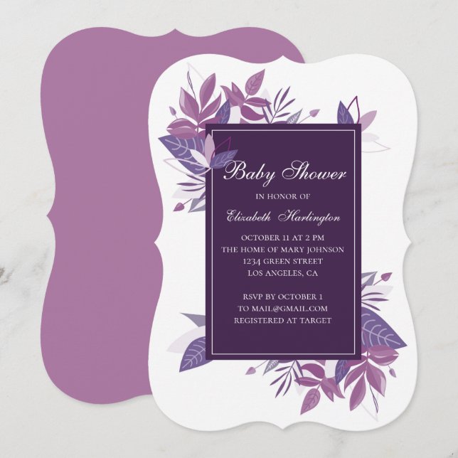 Lila Blätter. Violett Babydusche Einladung (Vorne/Hinten)