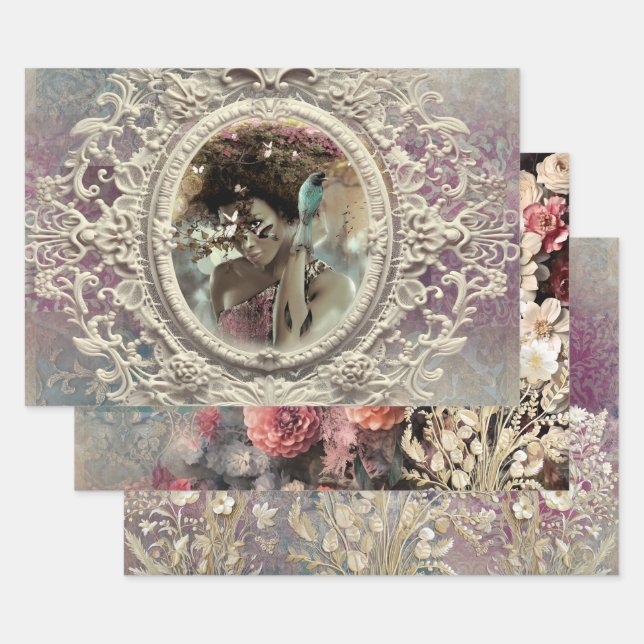 Lila & blau Afro Frau Portrait Floral Bouquet Geschenkpapier Set (Set)