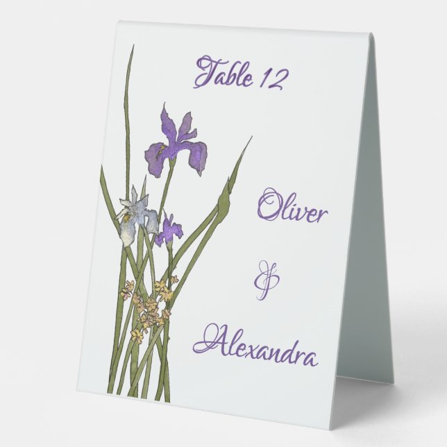 Lila & blau Iris Wasserfarbenhochzeit Tischaufsteller (Vorderseite)