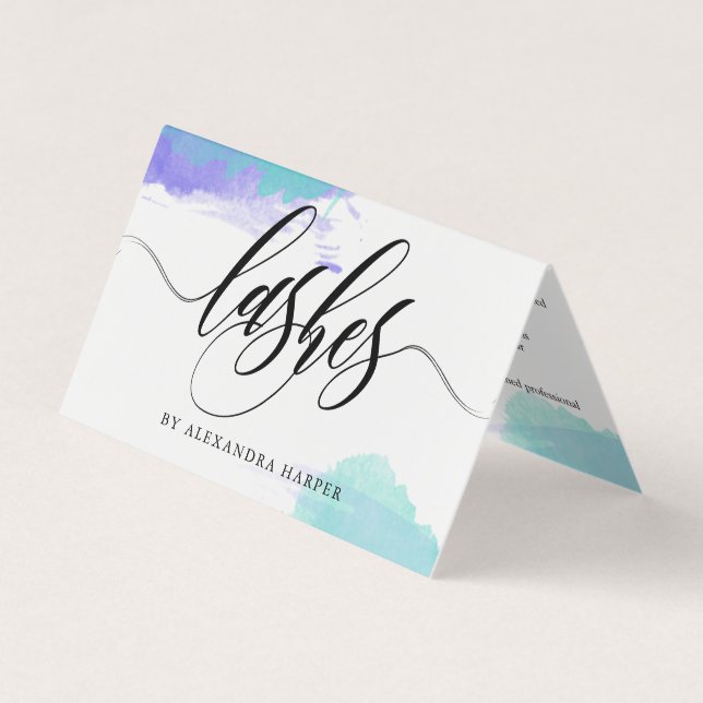 Lila & blau Kalligrafie Lash Artist Aftercare Visitenkarten (Vorderseite)