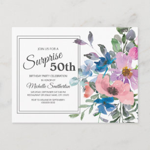 Lila Blau Rosa Aquarell Blumen 50. Geburtstag Postkarte