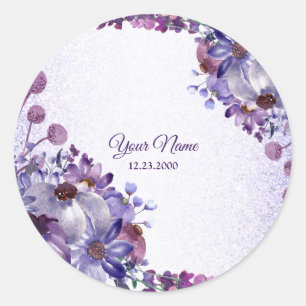 Lila Blau Rosa Blumen Glitter Hochzeitsfeier Runder Aufkleber