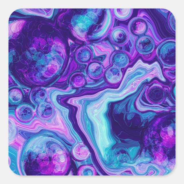 Lila, blau, rosa Bokeh Marmorflüssigkeit Kunst Quadratischer Aufkleber (Vorderseite)