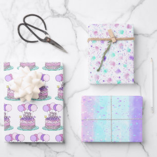 Lila, blau, rosa Happy Birthday Geschenkpapier Set