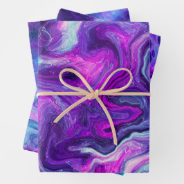Lila, blau, rosa Marmorflüssigkeit Geburtstag Geschenkpapier Set