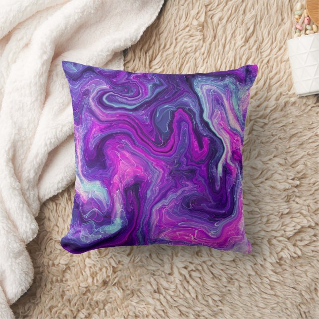 Lila, blau, rosa Marmorflüssigkeit Kunst Kissen (Decke)