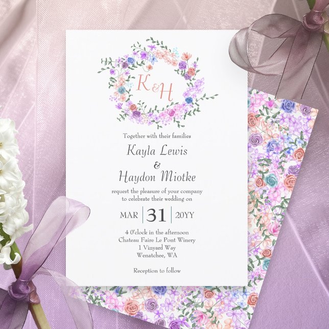 Lila, blau, rosa, pfirsichfarbene Rose Hochzeitskr Einladung (pastel spring springtime flowers pink purple blue mauve colorful wedding invitations roses wreath)