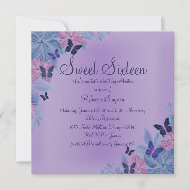 Lila & blau Schimmer Schmetterling Sweet 16 Einlad Einladung (Vorderseite)