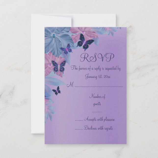 Lila & blau schimmernder Schmetterling Sweet 16 RS RSVP Karte (Vorderseite)