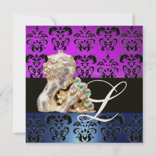 LILA BLAU, SCHWARZ, WEISSER DAMASK JEWEL-MONOGRAM EINLADUNG