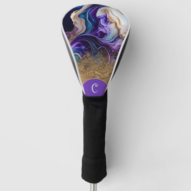Lila Blau und Gold Personalisiert Golf Headcover (Vorderseite)