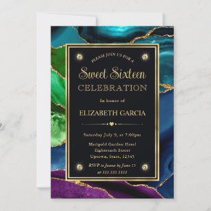 Lila, Blau und Grün Glitter Achat Sweet Sixteen Einladung