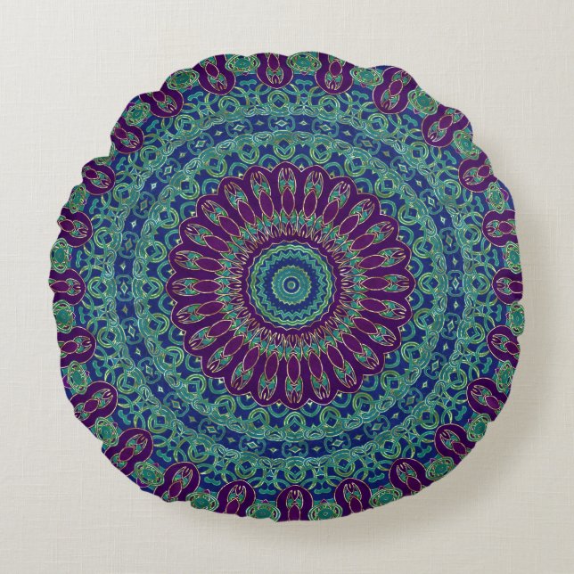 Lila, blau und grün Mandala Rundes Kissen (Vorderseite)