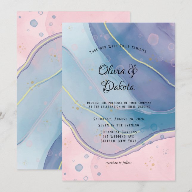 Lila Blau und Rosa Alkoholtupfer Hochzeit Einladung (Vorne/Hinten)
