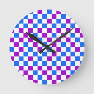 Lila Blau Und Weiß Kariertes Muster Runde Wanduhr