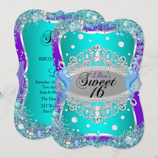 Lila Blau unter dem Meer Tiara Sweet 16 Einladung (Vorne/Hinten)