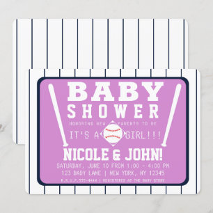 Lila Blau Weiße Nadelstreifen Baseball-Baby-Party Einladung