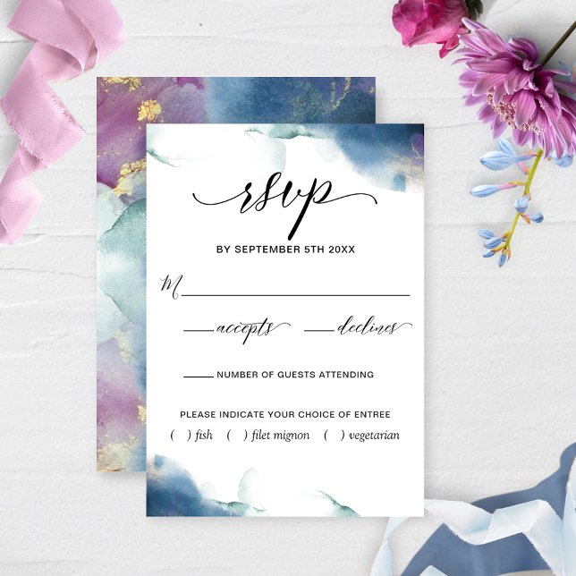 Lila, blaue, Aquamarine Wasserfarbe UAWG/Mahlzeite RSVP Karte (Von Creator hochgeladen)