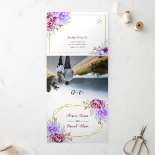 Lila, blaue Aquarellblumen mit RSVP Hochzeit Dreifach Gefaltete Einladung