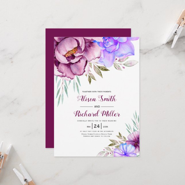 Lila, blaue Aquarellfarben-Blume Blumenhochzeit Einladung (Vorderseite/Rückseite Beispiel)