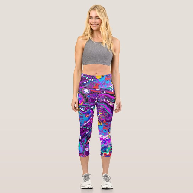 Lila, blaue Bläschen Abstrakt Moderne Capri Leggings (Vorderseite)