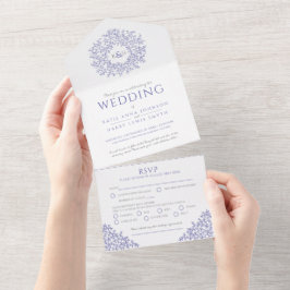 Lila blaue Blätter zum Hochzeitskennenlernen All In One Einladung