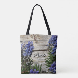 lila blaue Blume personalisiert Name Braut, Datum Tasche