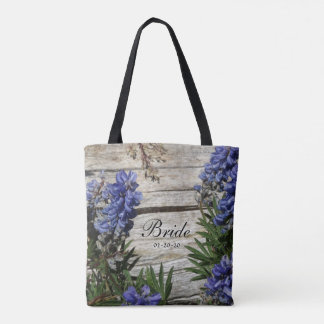 lila blaue Blume personalisiert Name Braut, Datum Tasche
