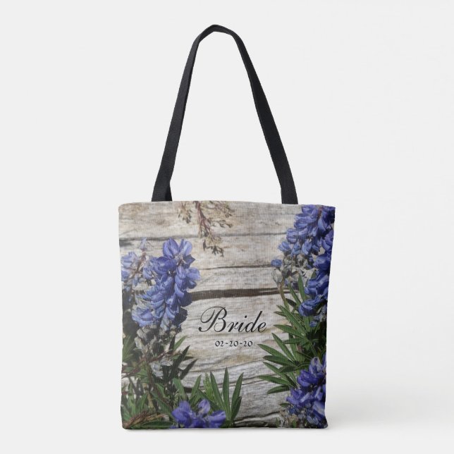 lila blaue Blume personalisiert Name Braut, Datum Tasche (Rückseite)