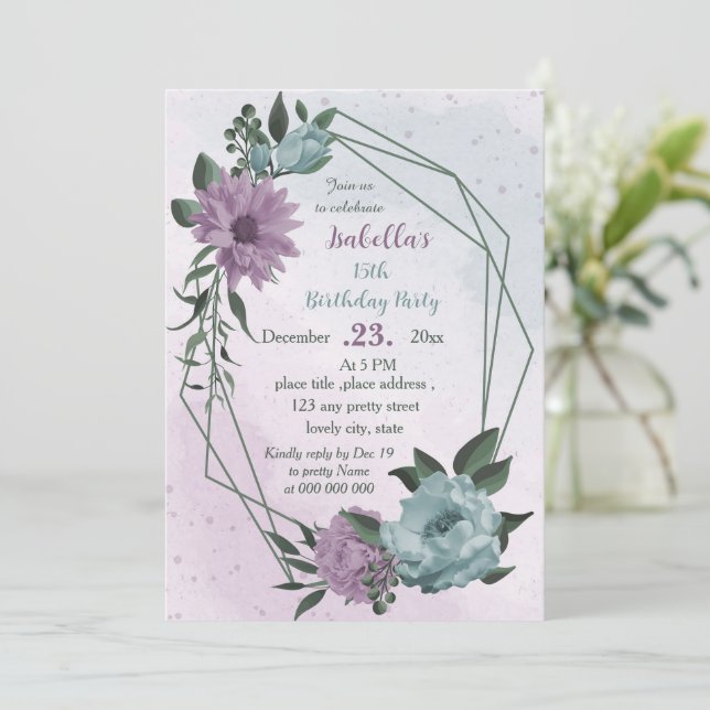 lila-blaue Blumen botanischer Geburtstag Einladung (Stehend Vorderseite)