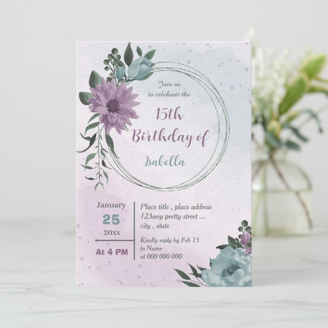 lila-blaue Blumen botanischer Geburtstag Einladung (Stehend Vorderseite)