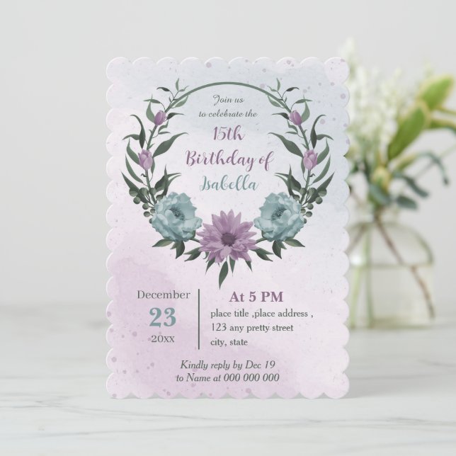 lila-blaue Blumen botanischer Geburtstag Einladung (Stehend Vorderseite)