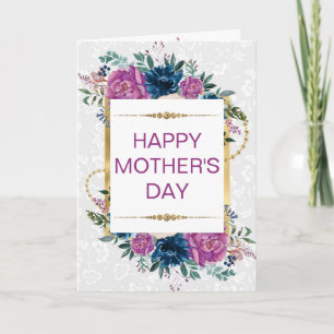 Lila Blaue Blumen & Gold Glitter Muttertag Karte
