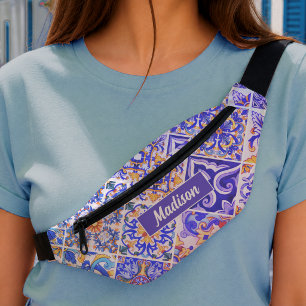 Lila-blaue Blumen-Majolika-Sizilianische Fliesenmu Bauchtasche
