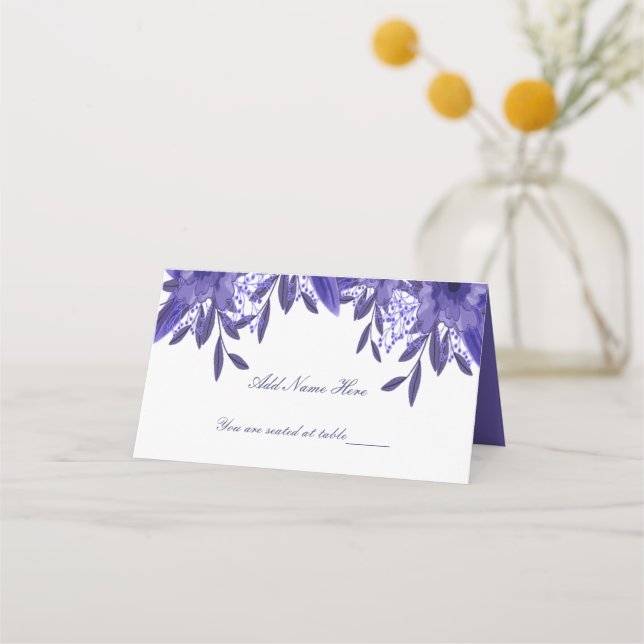 Lila blaue Blumenfolien Faltschachtel Platzkarte (Vorderseite)