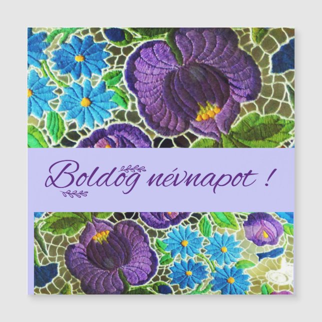 Lila - blaue fette ungarische Stickerei - Namensta Magnetkarte (Vorderseite)