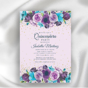 Lila Blaue Florale Gold Glitter Quinceañera  Einladung