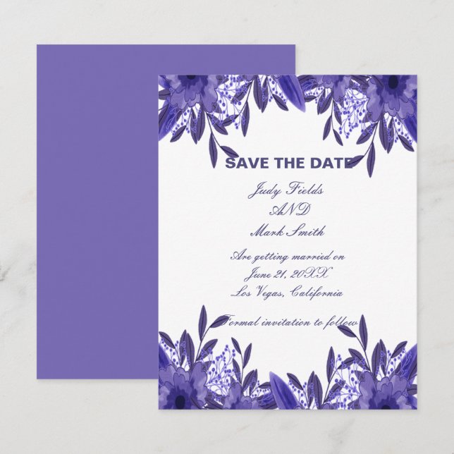 Lila blaue Folienkarte Save the Date (Vorne/Hinten)