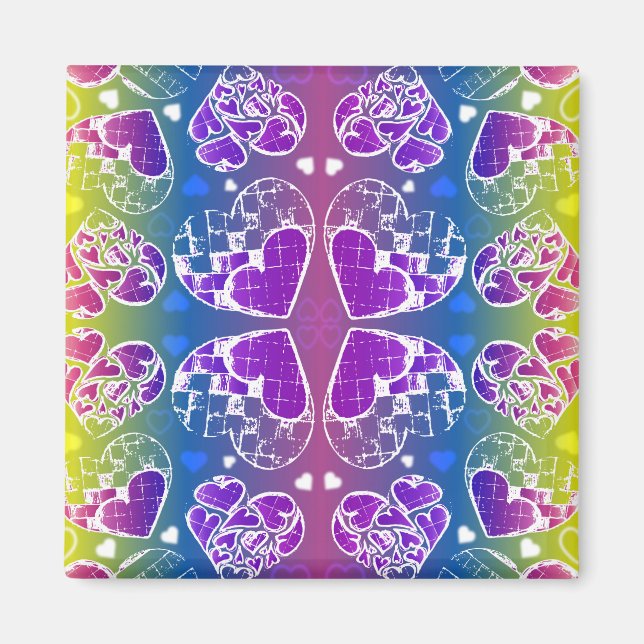 Lila, blaue, gelbe Herzmuster Magnet (Vorne)