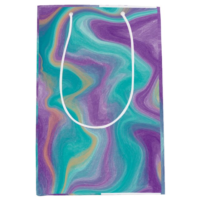 Lila, blaue, goldene und Aquamarine Wirbel Mittlere Geschenktüte (Vorderseite)
