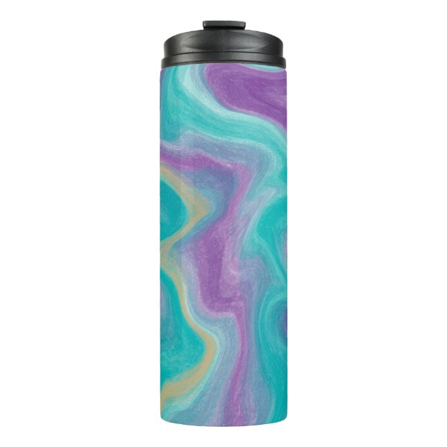 Lila, blaue, goldfarbene und Aquamarine Wirbel Flu Thermosbecher (Vorderseite)