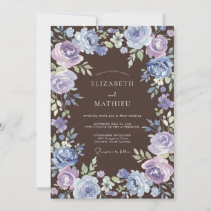 Lila Blaue Malerische Florale Hochzeit Einladung