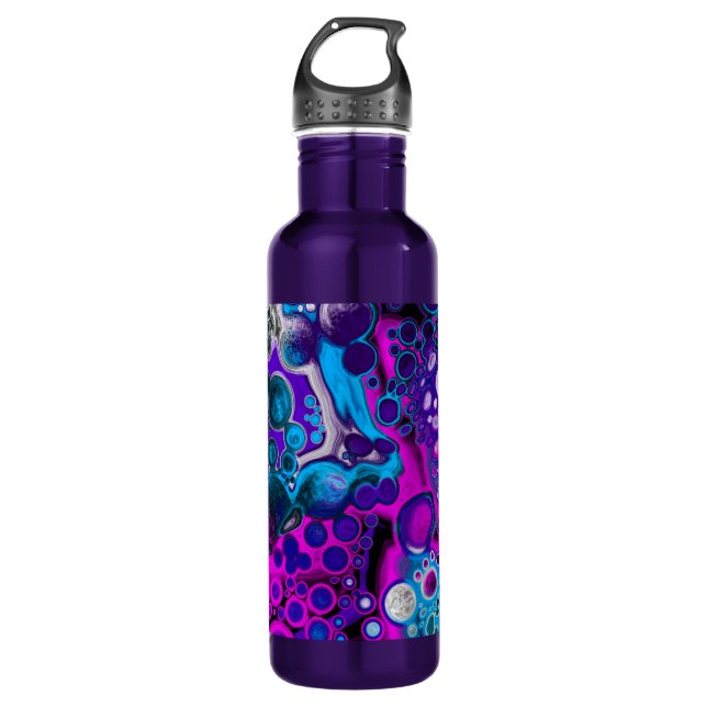 Lila, blaue, moderne Abstrakte Fluid Art Marmorzel Edelstahlflasche (Vorderseite)