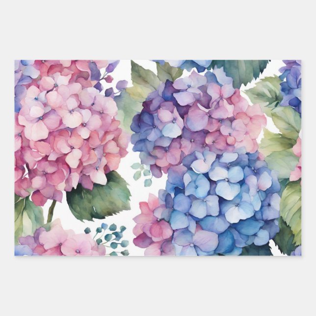 Lila, blaue, rosa Wasserfarbe Hydrangea-Blume Geschenkpapier Set (Vorderseite)