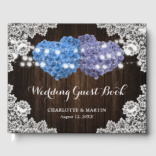 Lila Blaue Rustikale Holz Blumen Spitze Jute Hochz Gästebuch