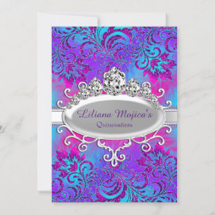 Lila blaue Tiara und glitzernde Blumen-Quinceanera Einladung