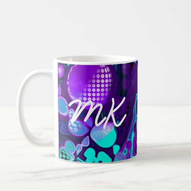 Lila, blaue und Aquamarine Abstrakte Fluid Art Kaffeetasse (Links)